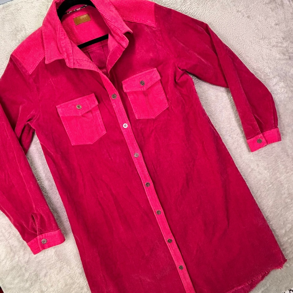 Umgee Women Shirt Dress Size M Pink Corduroy Frayed Hem Long Sleeve K7352
